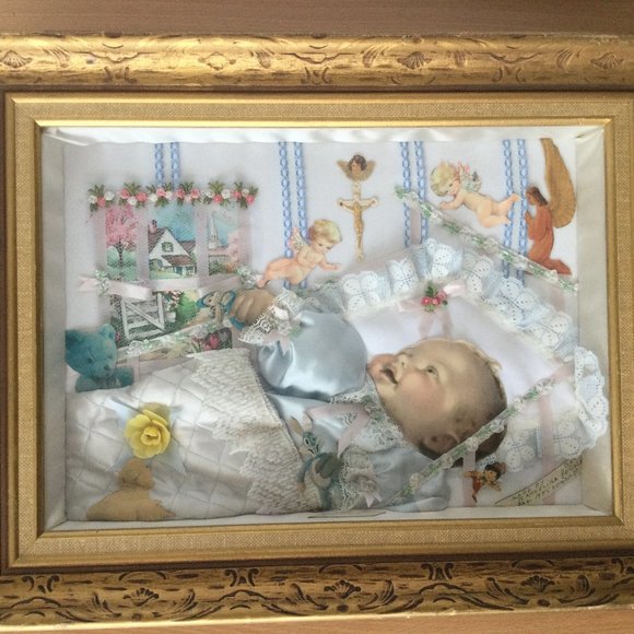 Framed wall art decor 3D mixed media paper fabric baby angel made by B. Angelina - Picture 1 of 5